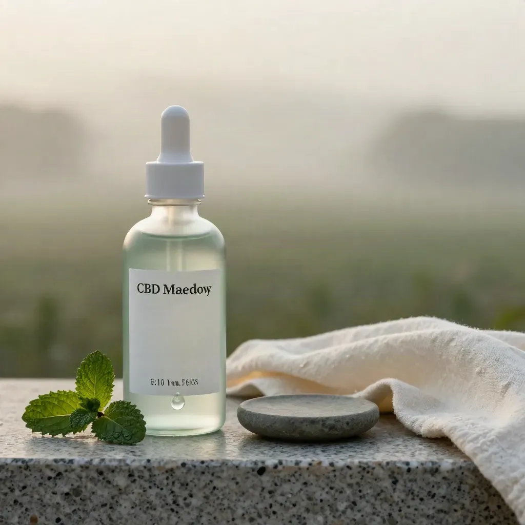 Mint CBD tincture bottle with damp sprigs, stone dish and cream cloth in soft rain-lit studio