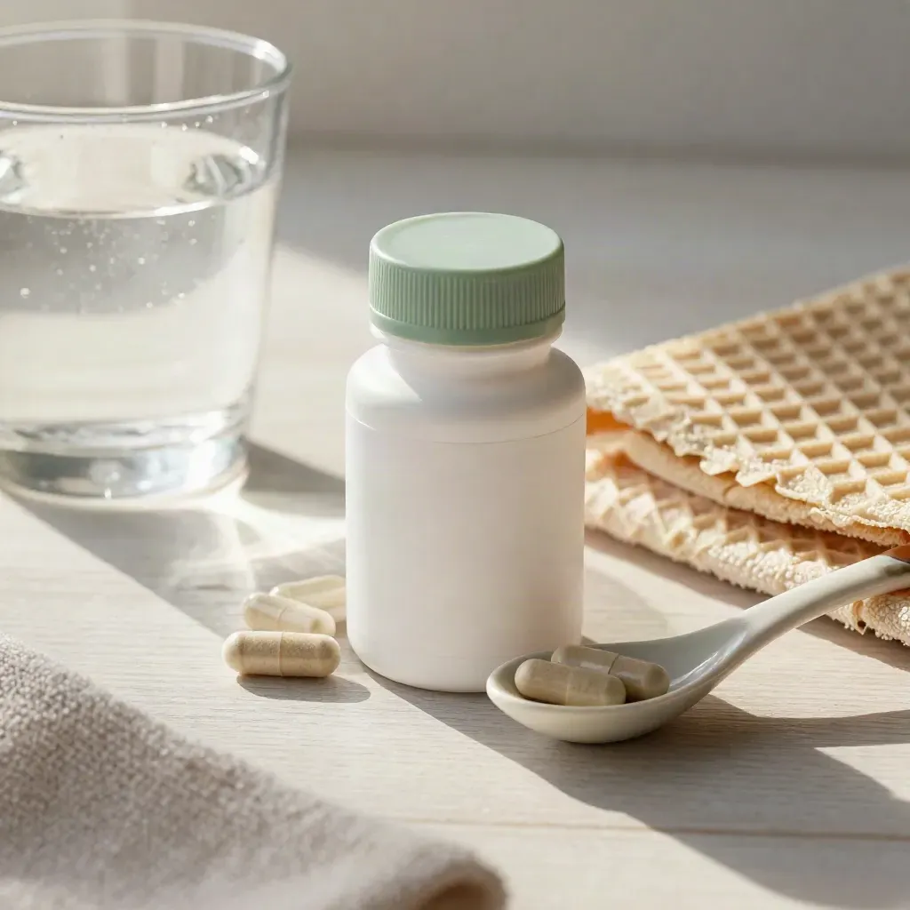 Daily capsule bottle, spoon, water glass and towel in soft morning light on pale wood.