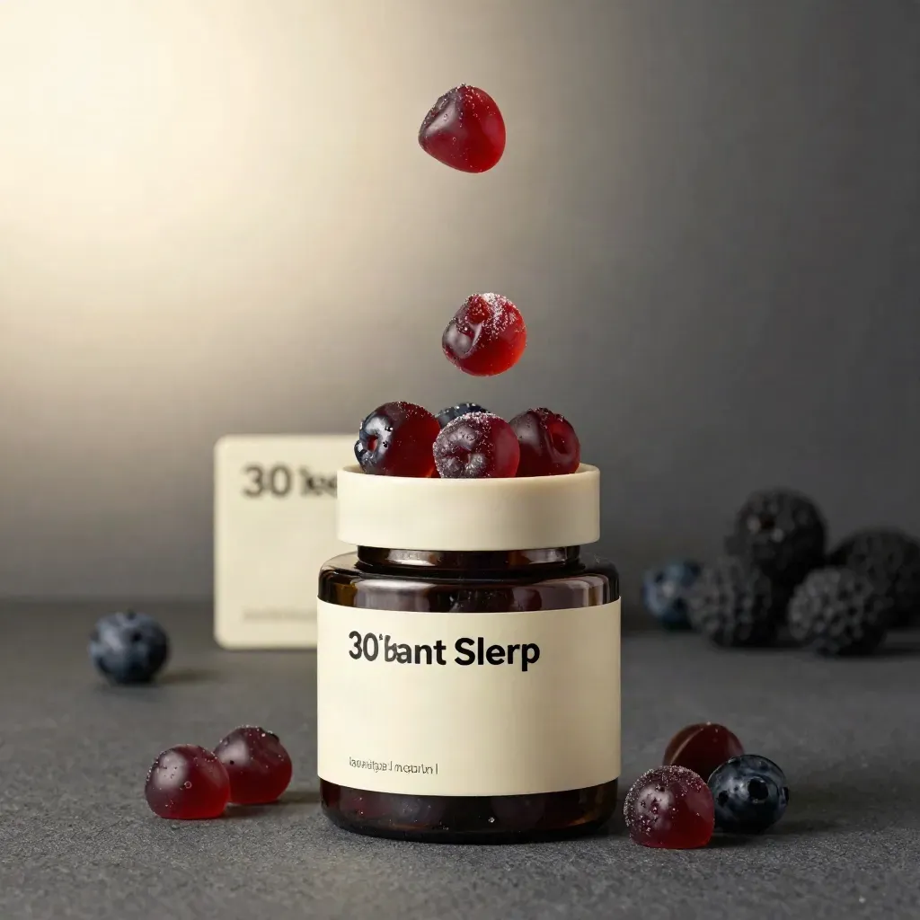 Smoked glass CBD sleep gummy jar with hovering gummies on a charcoal field