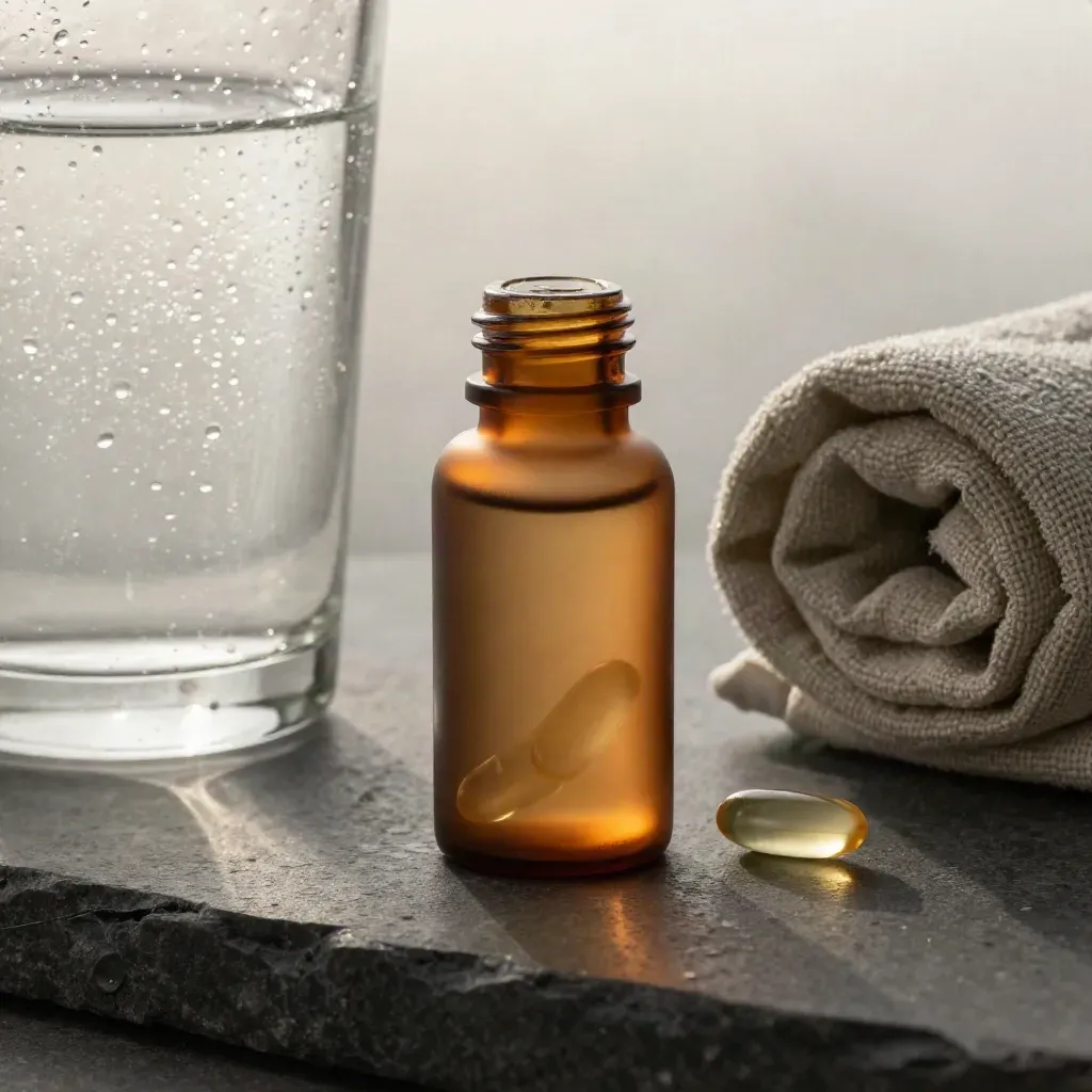 Amber capsules, water glass, and sage linen on a dark stone bedside slab at dawn