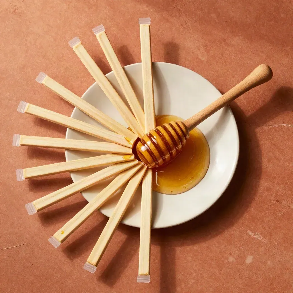Overhead honey sticks fanned with plate, dipper and honey on terracotta stone.