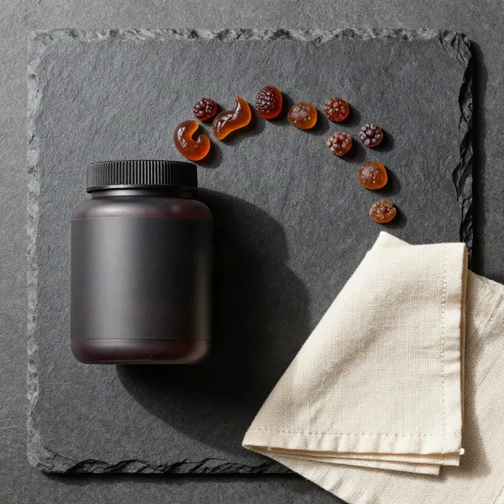 Overhead flatlay of a matte jar, berry gummies in a crescent, and folded linen on stone.