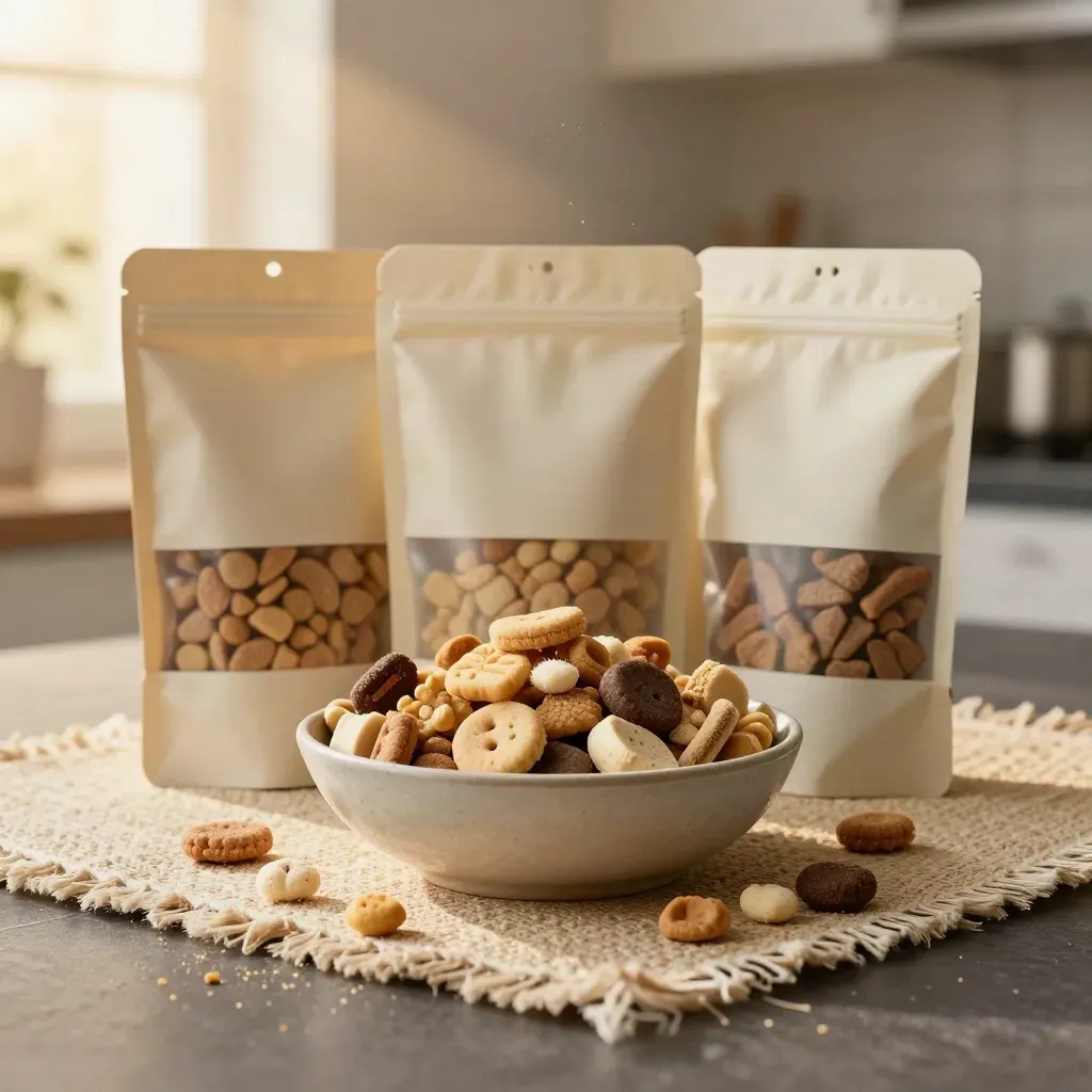 Three pet treat pouches beside a ceramic bowl of treats on a woven mat.