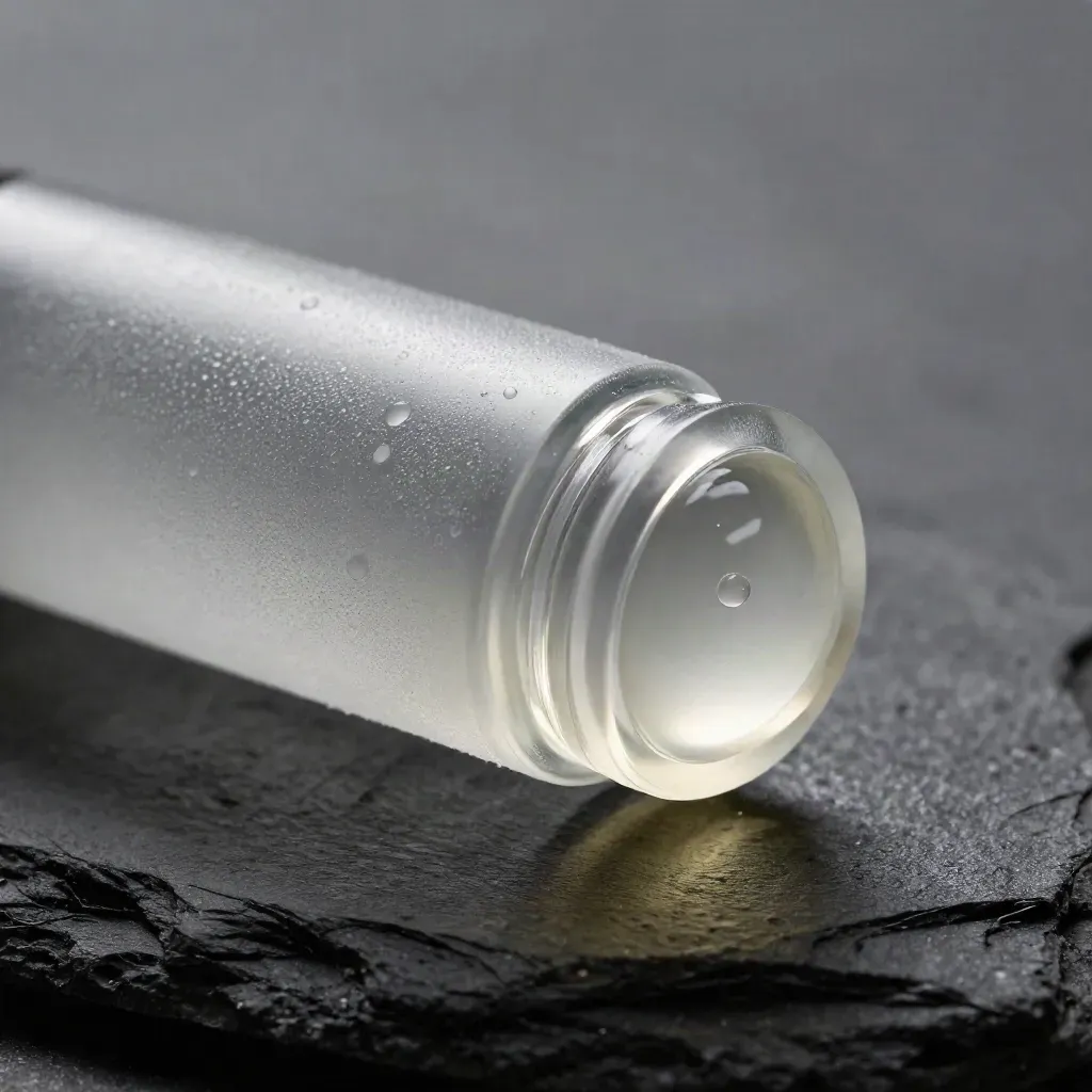 Macro of a frosted roll-on vial with condensation and a cooling gel bead on chilled slate.