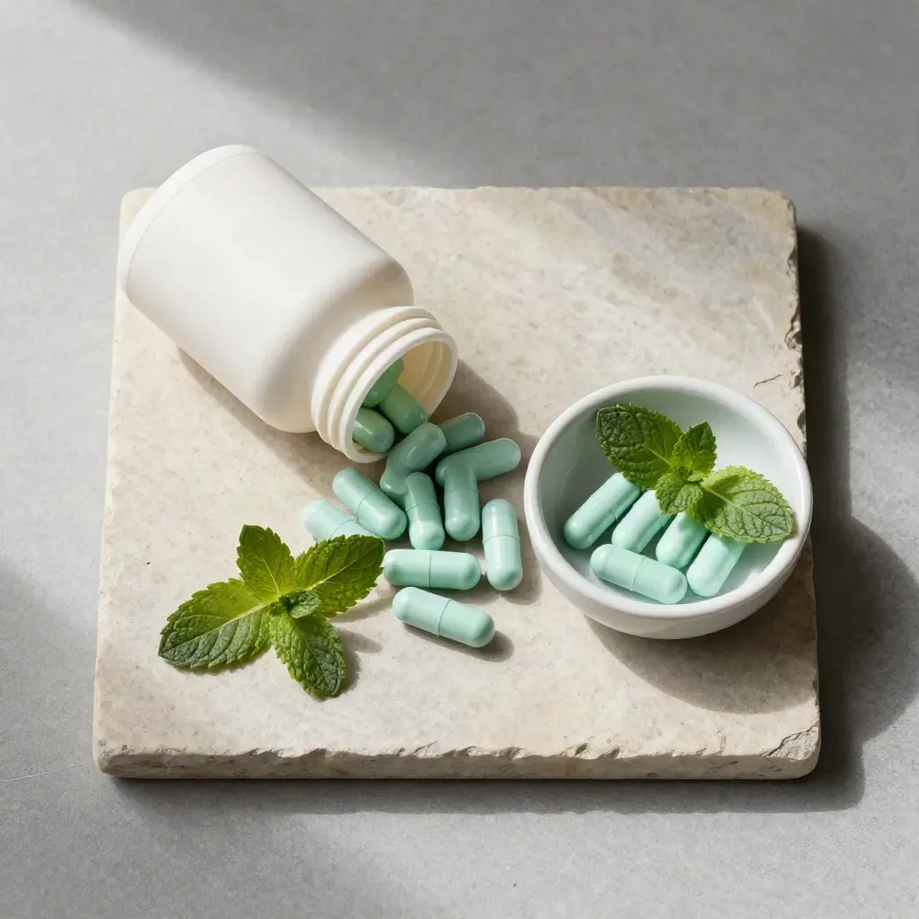 Pale capsule bottle with mint capsules, mint leaves and ceramic bowl on cool stone.