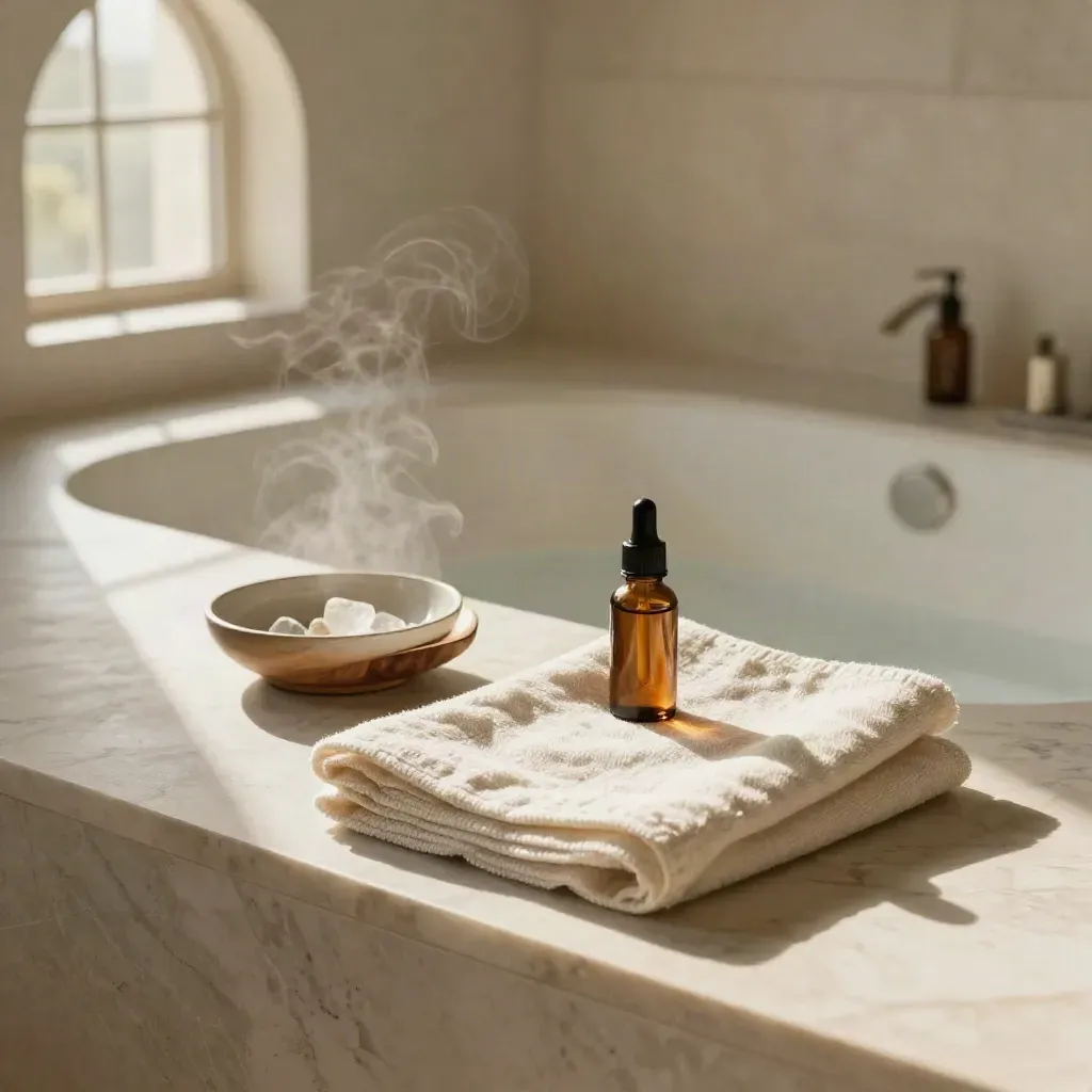 Marble bath ledge with towel, ceramic bowl, amber vial and arched morning shadow